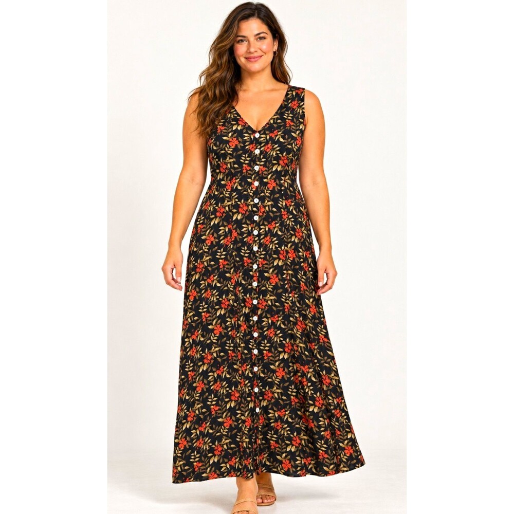 JBS LTD Black Floral Rayon Maxi Dress Size 14 Shell Buttons Strappy Boho Fall